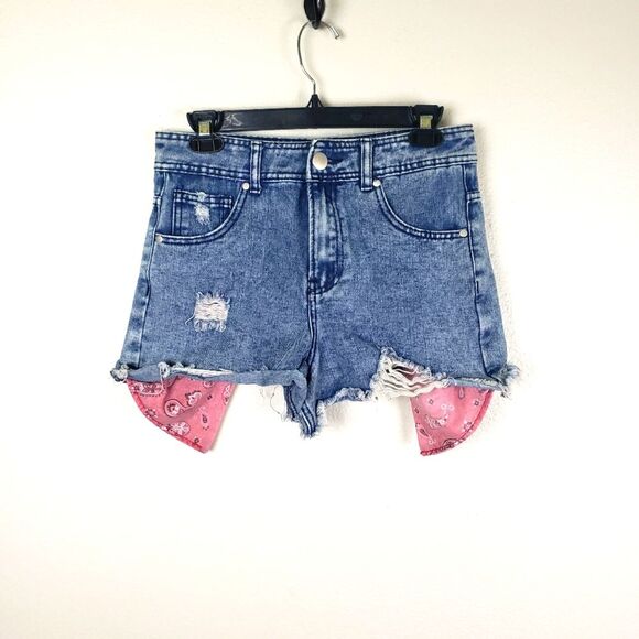 Pants - Women's Kreamy Denim Red Kerchief Bandana Pockets Distressed Cuff Off Shorts LRG